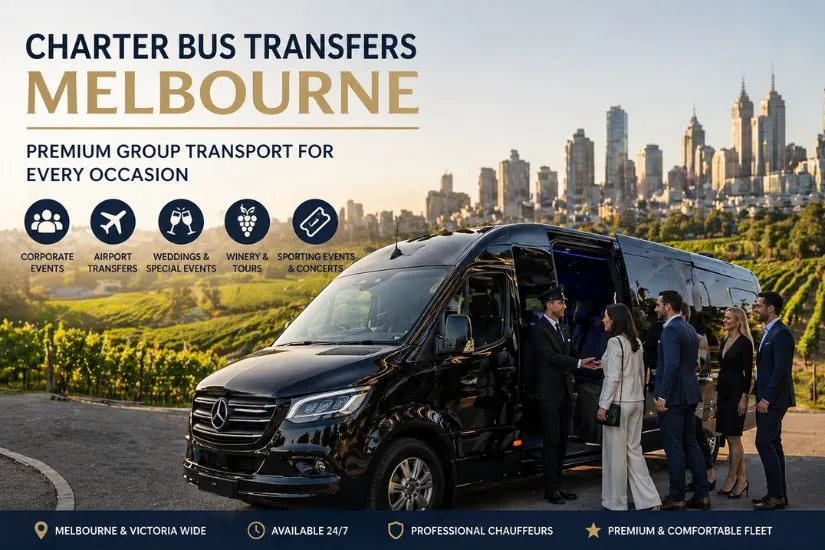 Black Mercedes-Benz charter bus for group transfers in Melbourne, featuring corporate, airport, and wedding transportation services.