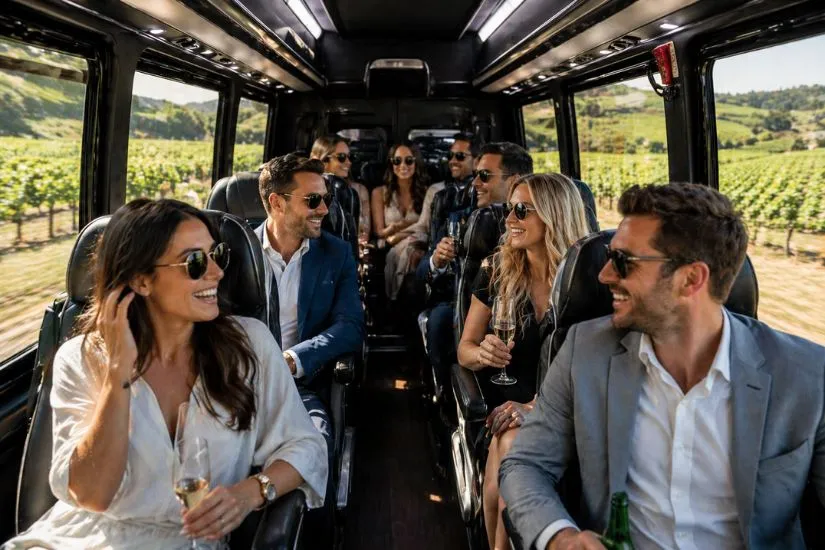 A group of friends enjoying drinks inside a premium chauffeur-driven shuttle during a winery tour in Melbourne.