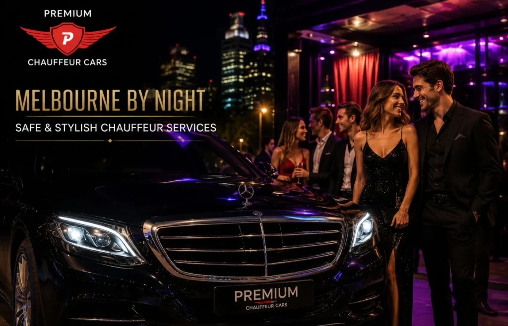 Premium Chauffeur Cars luxury black Mercedes sedan parked outside a Melbourne nightclub at night, with stylishly dressed people entering the car, highlighting safe and stylish night chauffeur services in Melbourne.