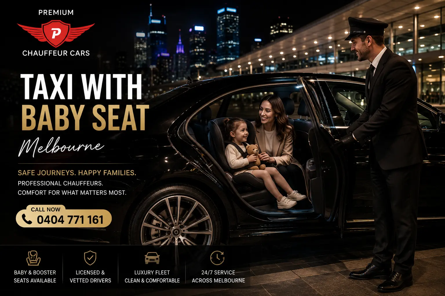 Premium Chauffeur Cars taxi with baby seat in Melbourne, showing a professional chauffeur assisting a mother and child into a luxury black sedan, highlighting safe and comfortable family transportation with 24/7 service, Luxury vehicles, and easy booking at 0404 771 161.