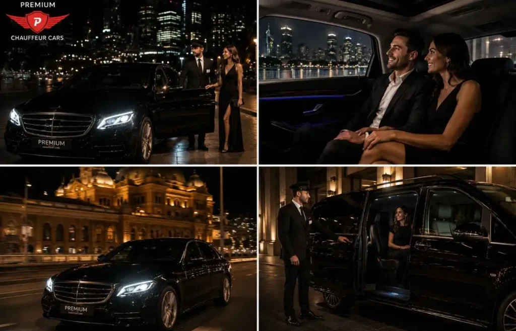 Premium Chauffeur Cars transporting clients at night in Melbourne, featuring luxury black Mercedes vehicles with professional chauffeurs, glamorous passengers entering and riding in the car and safe, stylish chauffeur service.