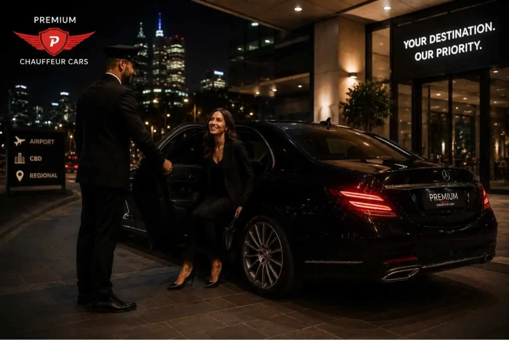 Premium Chauffeur Cars transporting a client at night in Melbourne and one-way point-to-point chauffeur services.