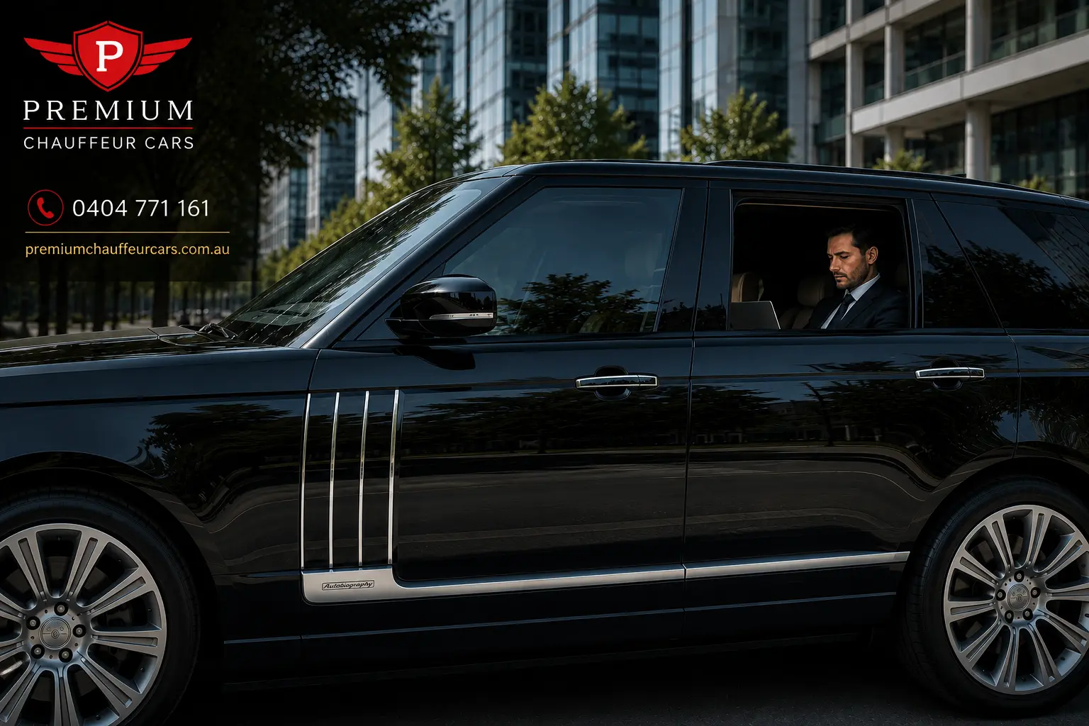 Premium Chauffeur Cars corporate SUV with professional chauffeur in Melbourne, businessman inside luxury Land Rover, city office backdrop, emphasizing corporate car hire service with contact number 0404 771 161.