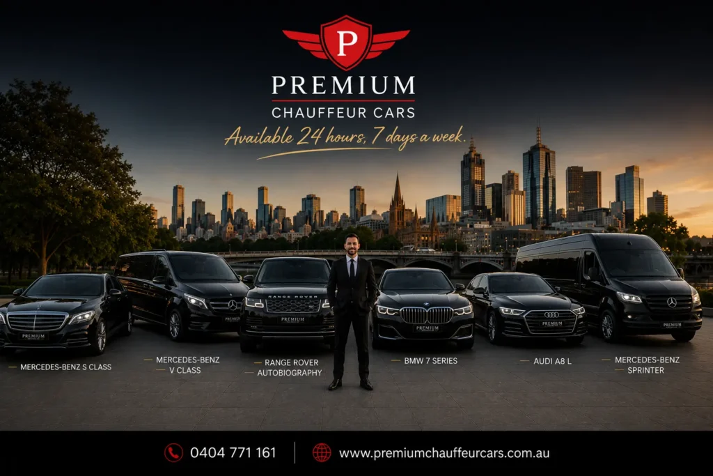 Premium Chauffeur Cars full luxury fleet of black Mercedes, Range Rover, and BMW vehicles with the company owner standing proudly among them, showcasing 24/7 professional chauffeur services in Melbourne.